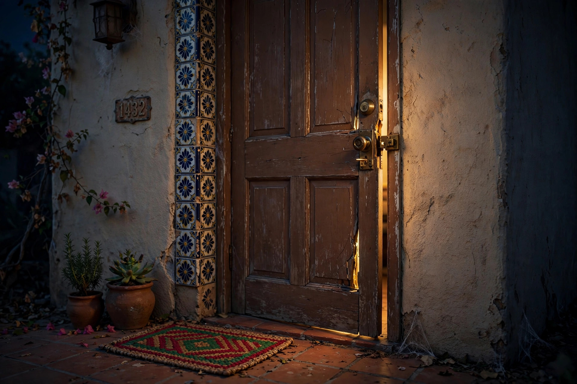 Puerta de una casa de noche con luz cálida