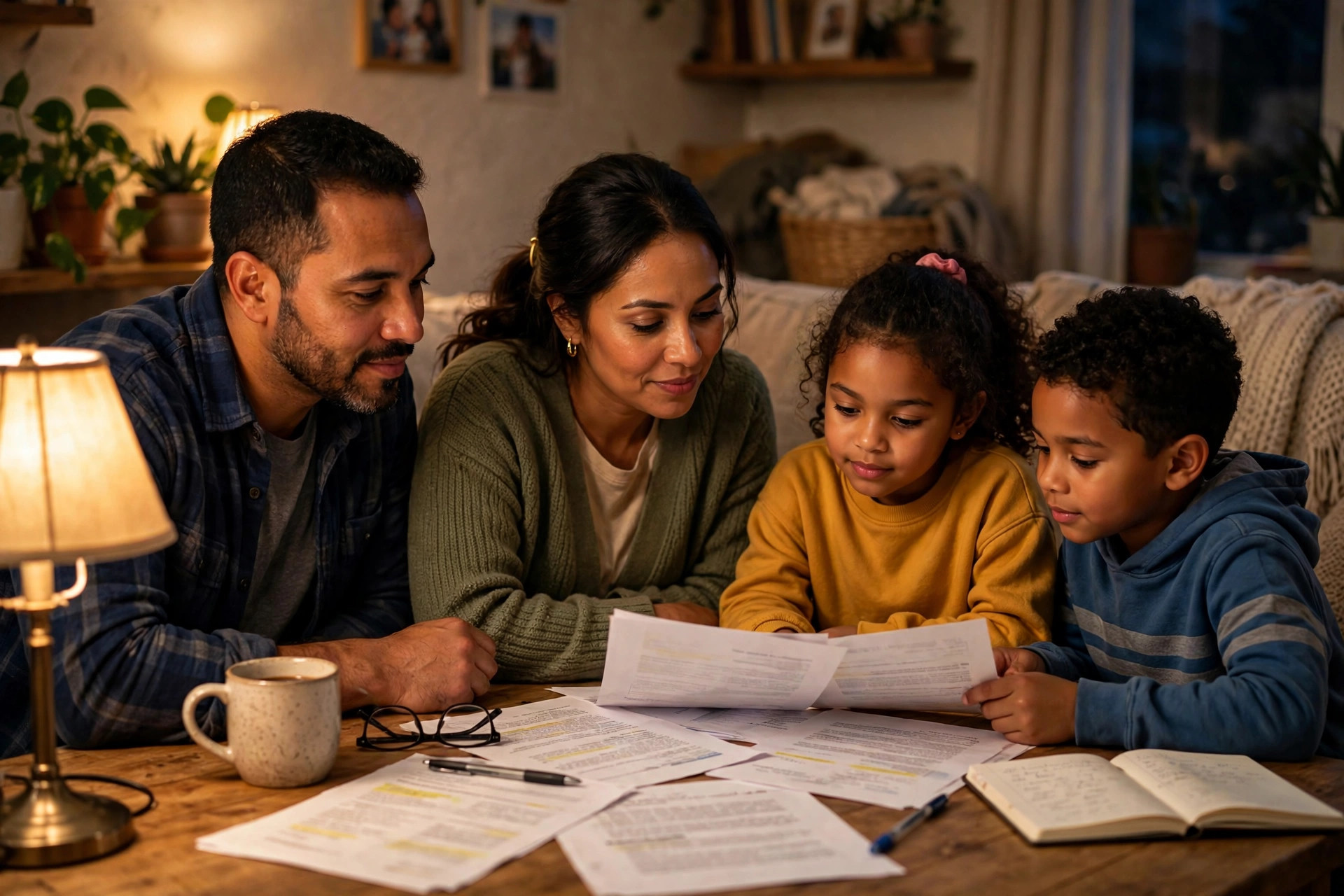 Familia reunida revisando documentos en casa