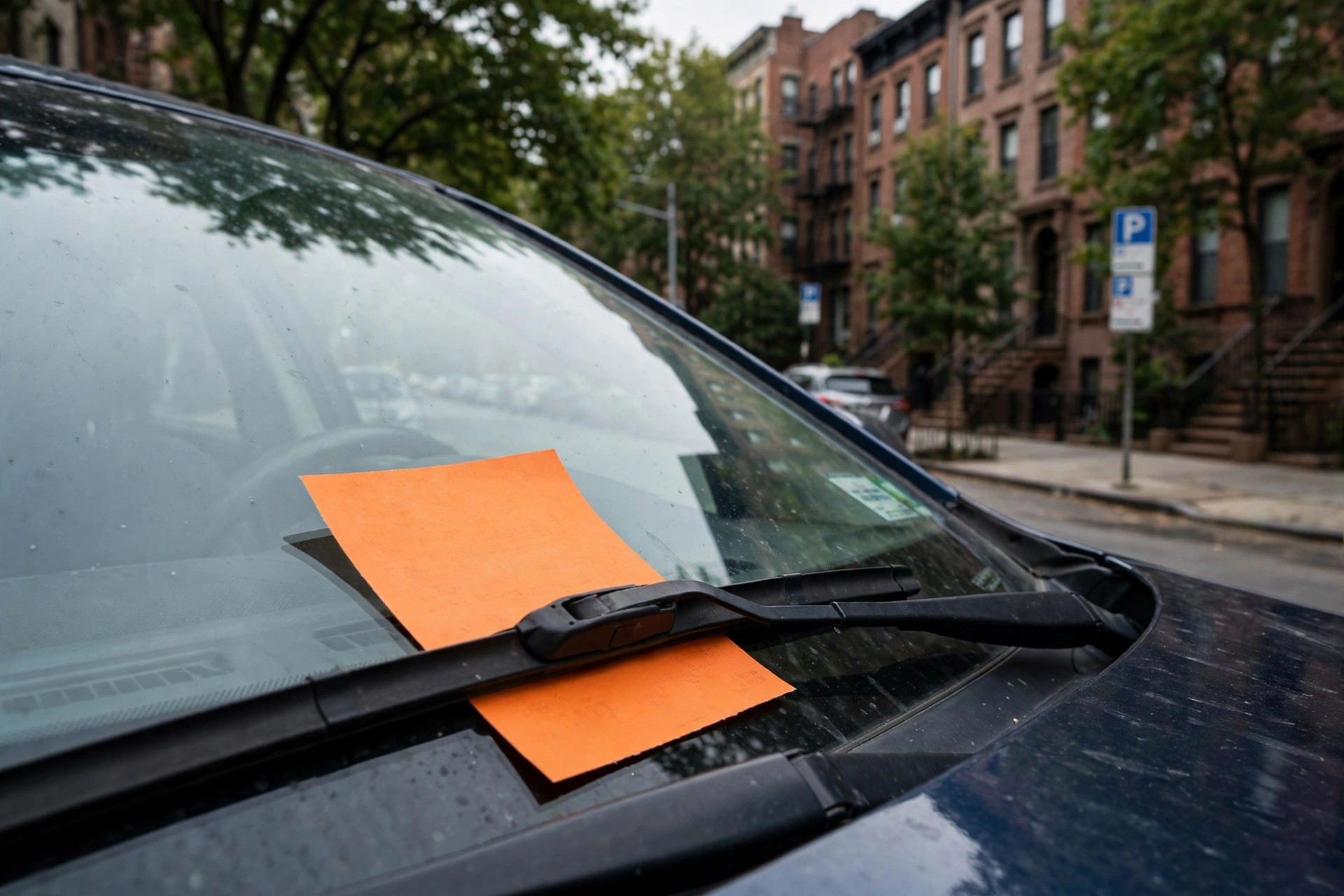 Ticket de estacionamiento en el parabrisas de un carro en NYC