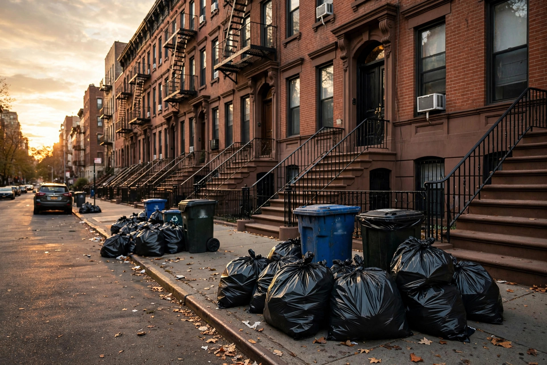Bolsas de basura en la acera de NYC al atardecer