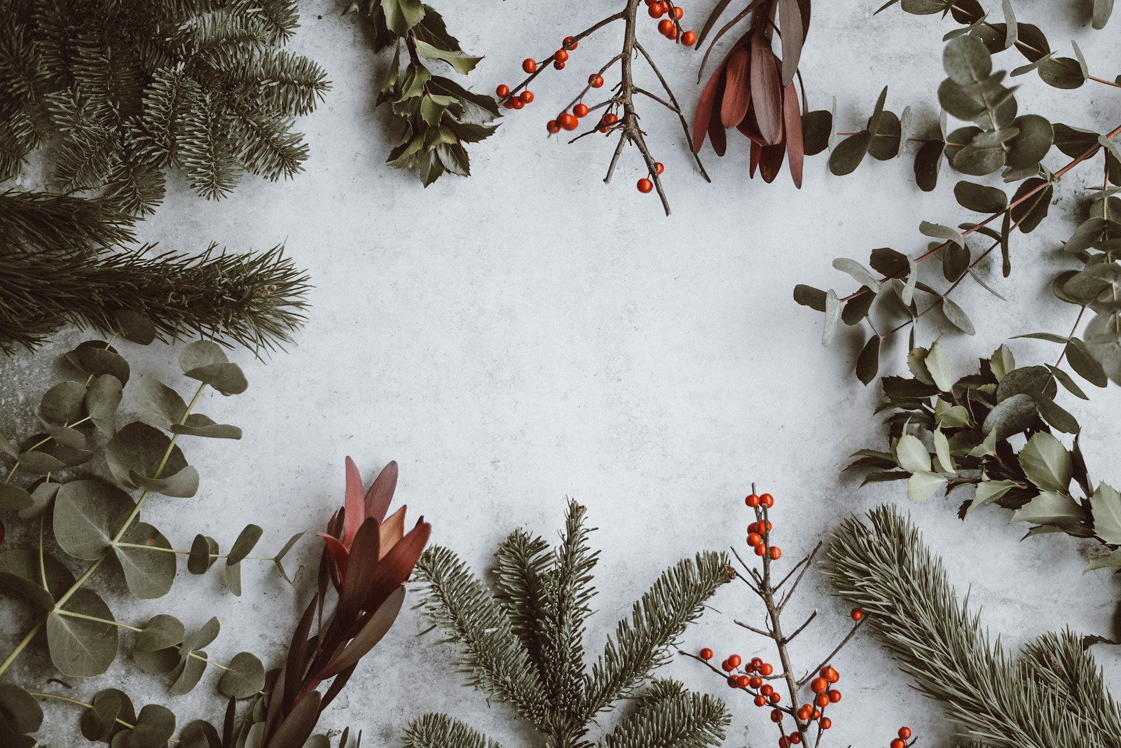 Decoración navideña elegante con ramas y bayas rojas